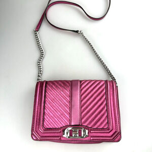 Rebecca Minkoff Small Love Crossbody Leather Purse Chevron Quiled Metallic Pink